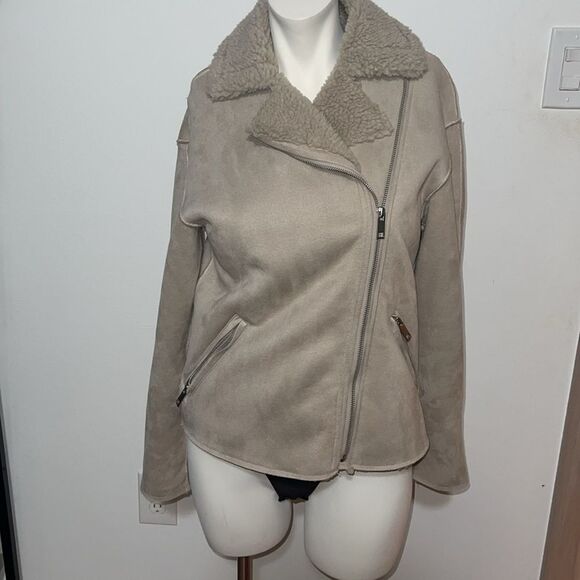 H&M Faux Suede Shearling-Lined Biker Jacket Size 2 - Picture 2 of 14